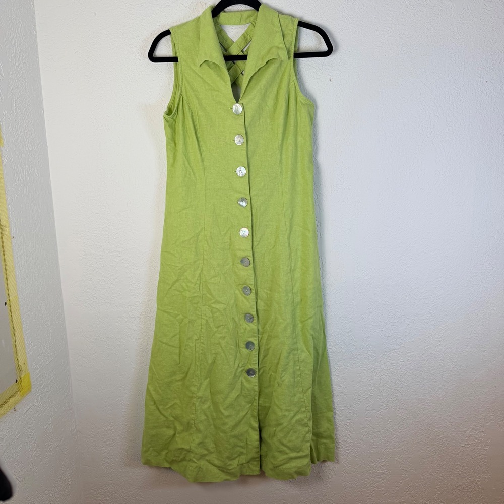 VTG Womens 10 Lime Green Linen Blend Button Front Lattice Back Midi Dress 90s